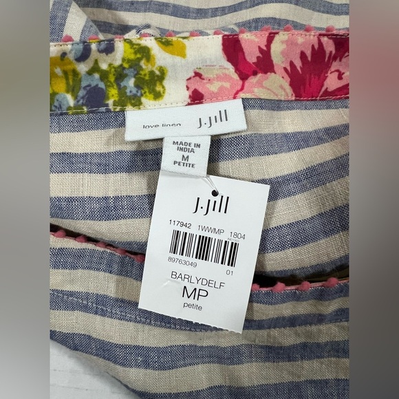 J Jill Shirt Womens Medium Petite Blue Stripes Linen Embroidery Floral Top - Picture 6 of 12